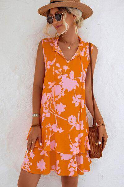 Printed Tie Neck Sleeveless Dress for Women Casual Wear - Selvanelle