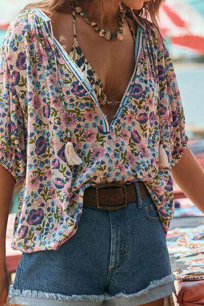 Floral Tie Neck Half Sleeve Blouse for Women Stylish Wear - Selvanelle