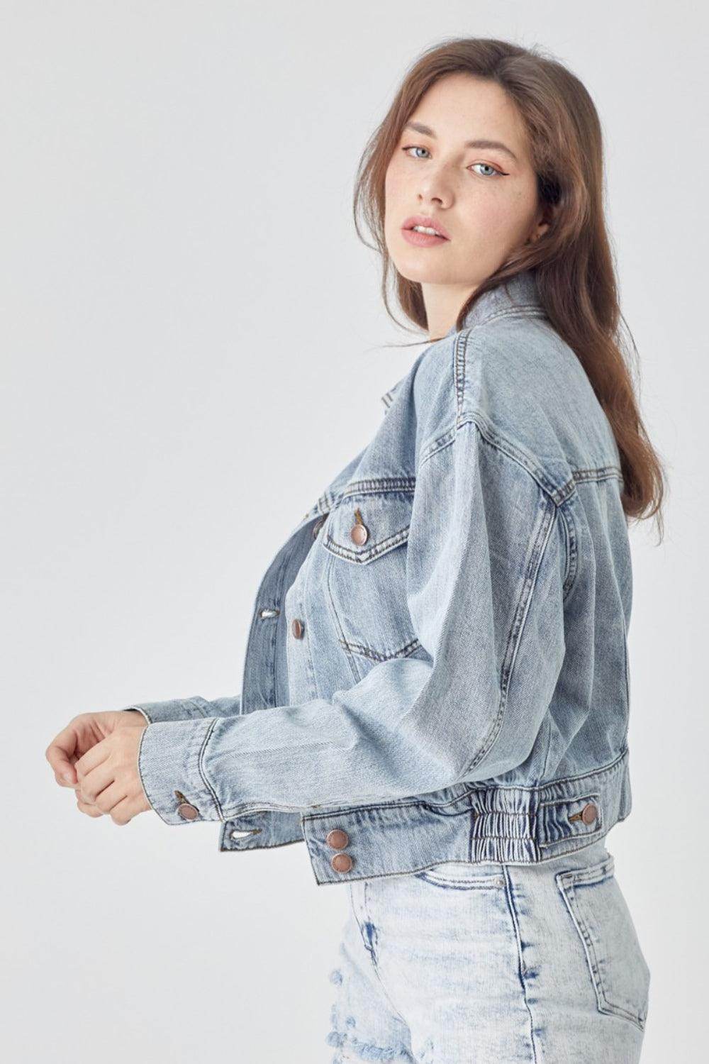 RISEN Full Size Button Down Cropped Denim Jacket for Women - Selvanelle