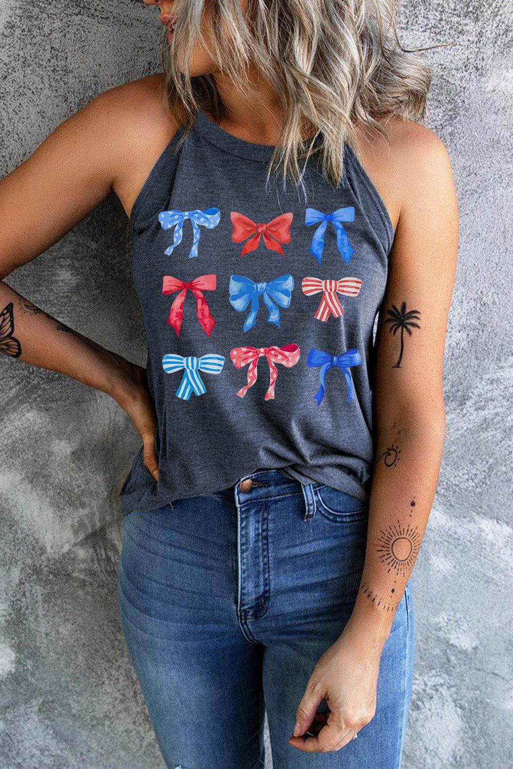 Bow Graphic Round Neck Tank for Stylish Summer Wear - Selvanelle