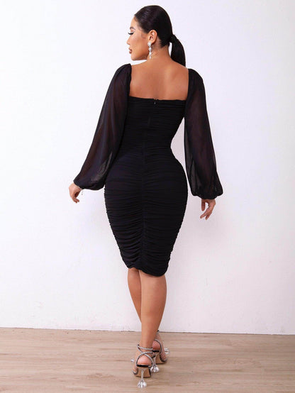 Zip-Back Ruched Bodycon Dress for Chic Minimalist Style - Selvanelle