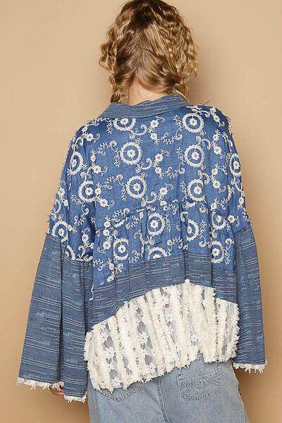 POL Lace Hem Embroidered Long Sleeve Shirt for Women - Selvanelle