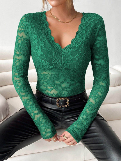 V-Neck Long Sleeve Lace Top for Women in Various Sizes - Selvanelle