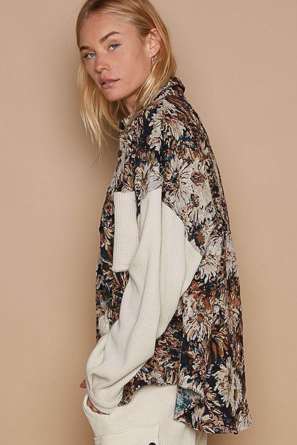 POL Contrast Sleeves Button Down Floral Jacquard Shirt - Selvanelle