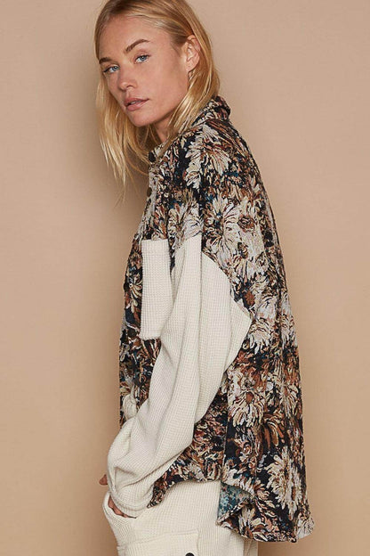 POL Contrast Sleeves Button Down Floral Jacquard Shirt - Selvanelle