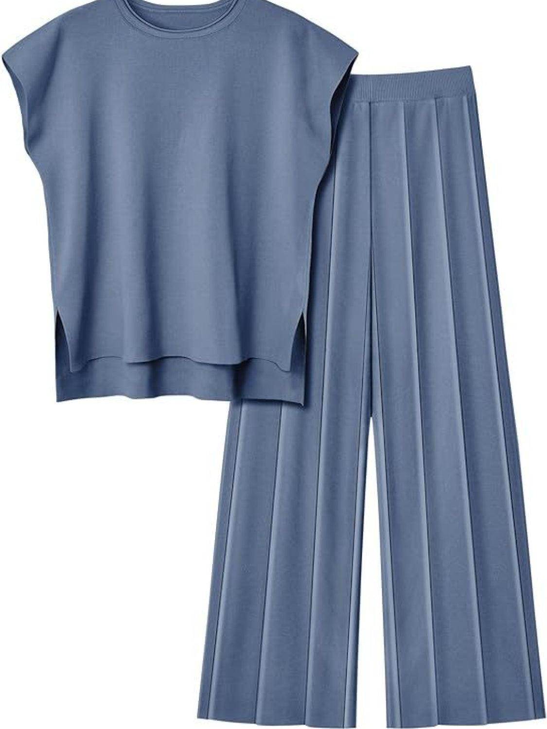 Round Neck Cap Sleeve Top and Pants Knit Set for Women - Selvanelle