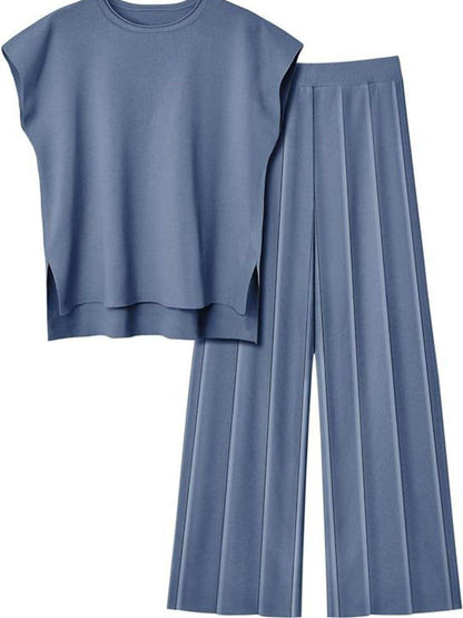 Round Neck Cap Sleeve Top and Pants Knit Set for Women - Selvanelle