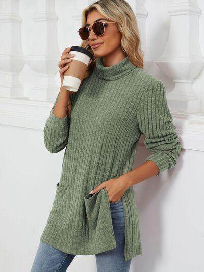 Slit Mock Neck Long Sleeve T-Shirt for Women with Pocket - Selvanelle