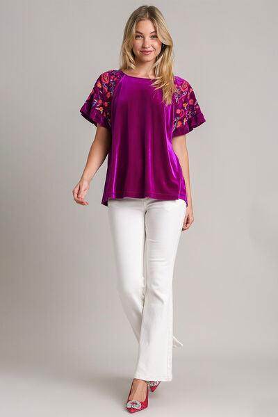 Umgee Full Size Velvet Embroidery Short Sleeve Blouse for Women - Selvanelle