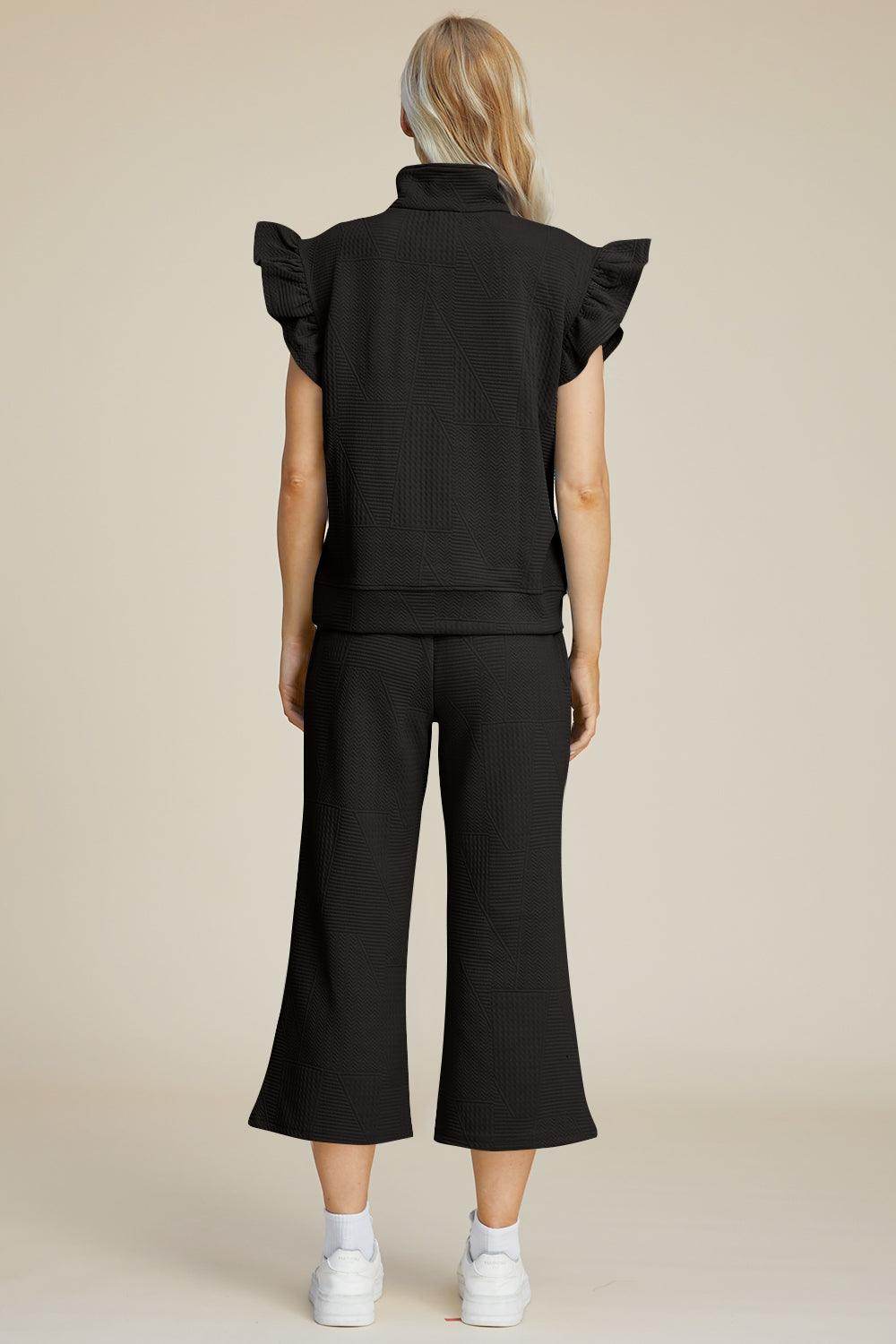 Double Take Full Size Texture Ruffle Top and Pants Set - Selvanelle