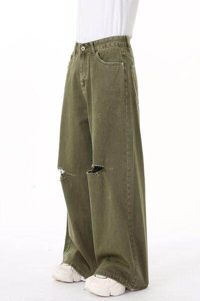 Distressed Wide Leg Jeans with Pockets for Casual Style - Selvanelle