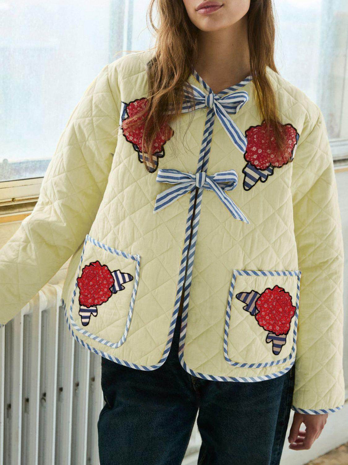 Embroidered Flower Tied Long Sleeve Winter Coat for Women - Selvanelle