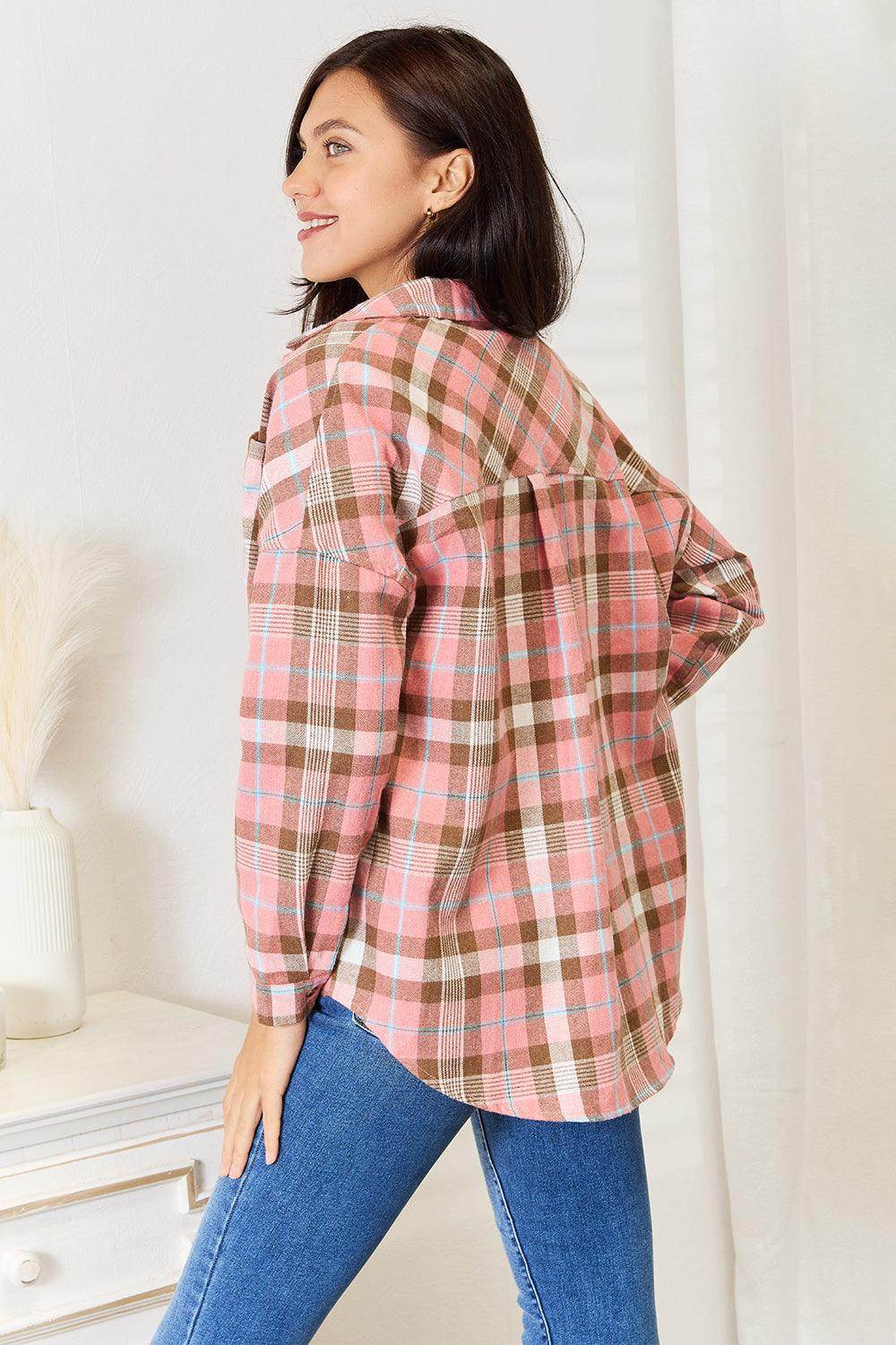 Double Take Plaid Collared Neck Long Sleeve Button-Up Shirt - Selvanelle