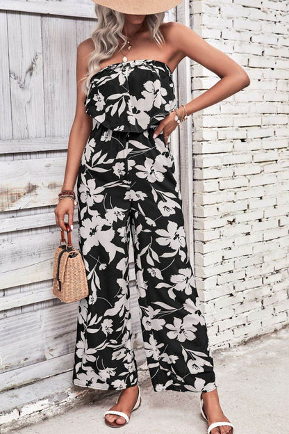 Perfee Floral Strapless Wide Leg Jumpsuit - Selvanelle