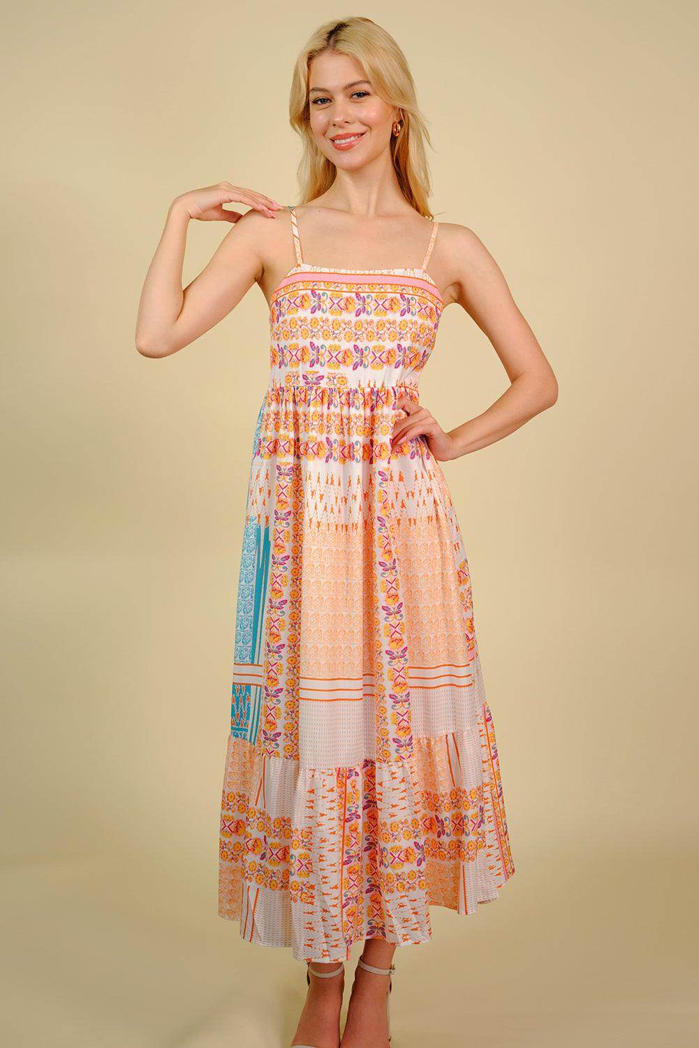 Printed Spaghetti Strap Smocked Midi Dress for Women - Selvanelle