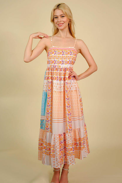Printed Spaghetti Strap Smocked Midi Dress for Women - Selvanelle