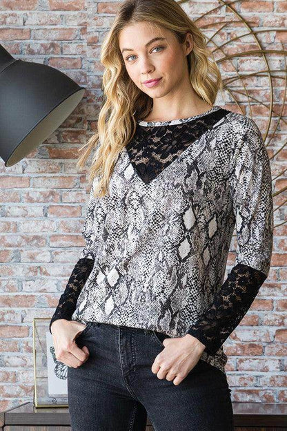 Heimish Full Size Snakeskin Print Round Neck Lace Top - Selvanelle