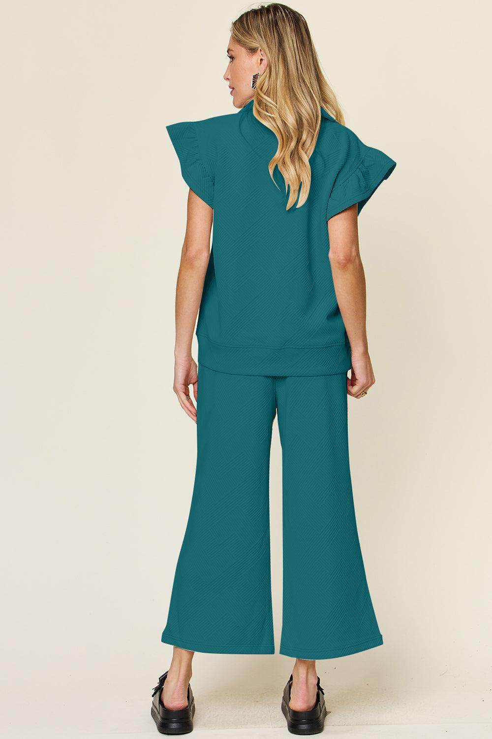 Double Take Texture Ruffle Short Sleeve Top and Pants Set - Selvanelle
