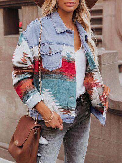 Geometric Button Up Long Sleeve Denim Jacket for Women - Selvanelle