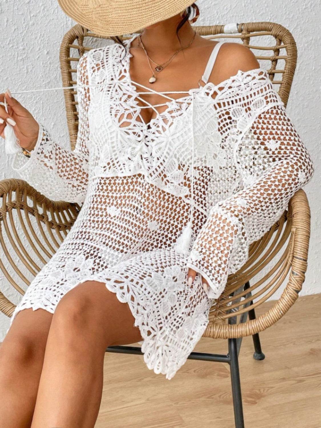 Cutout Tied V-Neck Long Sleeve Cover Up - Selvanelle