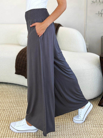 Double Take Full Size Smocked Wide Waistband Wide Leg Pants - Selvanelle
