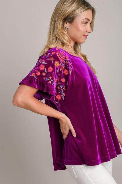 Umgee Full Size Velvet Embroidery Short Sleeve Blouse for Women - Selvanelle