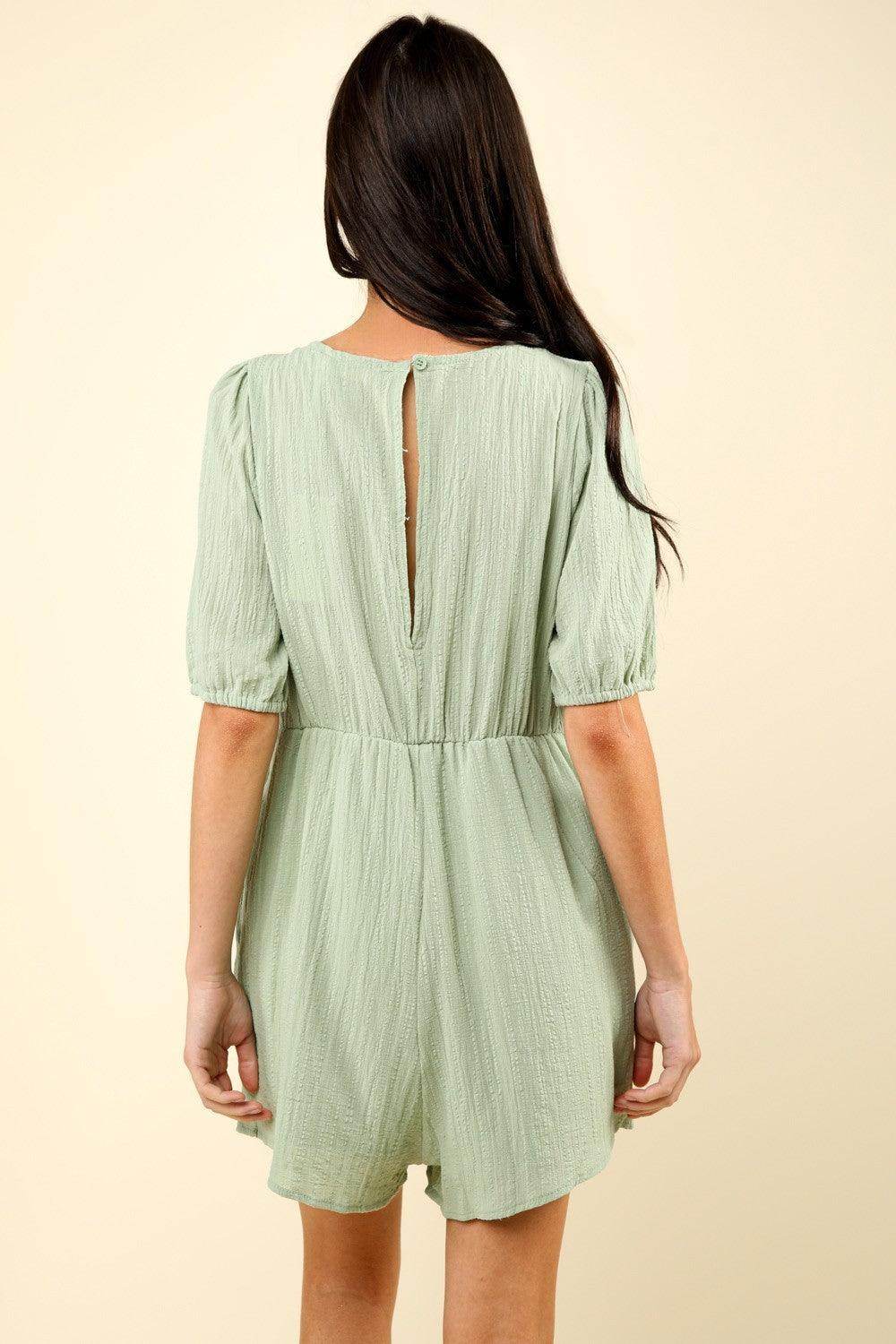 Very J Lace Detail Puff Sleeve Romper with Pockets - Selvanelle