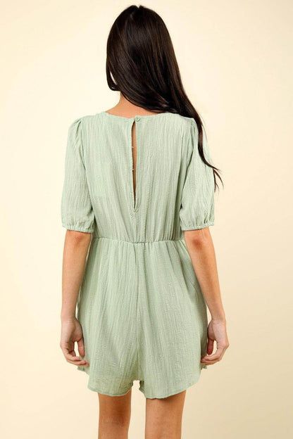Very J Lace Detail Puff Sleeve Romper with Pockets - Selvanelle