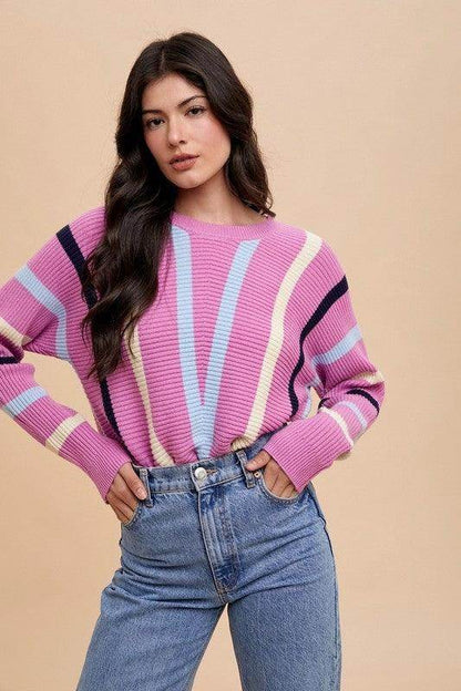 Annie Wear Chevron Stripe Round Neck Ribbed Sweater for Women - Selvanelle