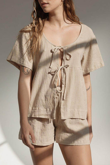 Plaid Tied Scoop Neck Short Sleeve Top and Drawstring Shorts Set - Selvanelle