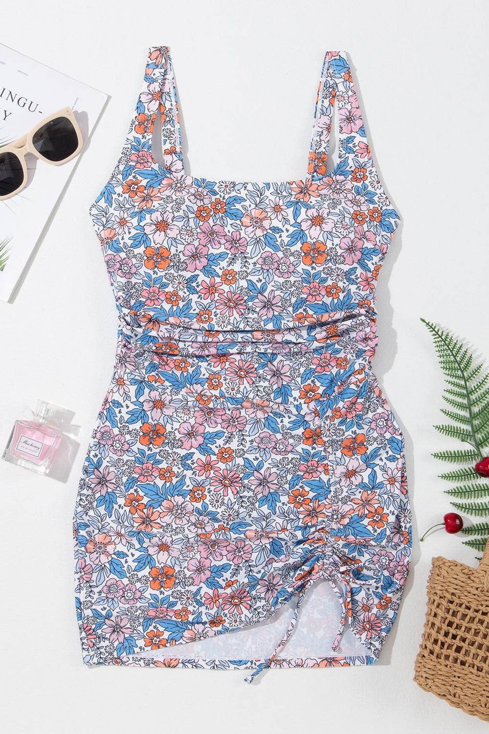 Drawstring Printed Wide Strap Swim Dress - Selvanelle
