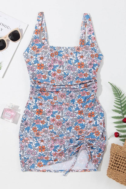 Drawstring Printed Wide Strap Swim Dress - Selvanelle
