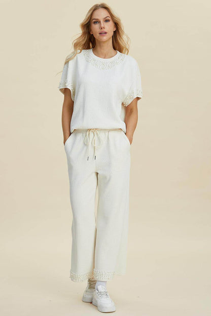 Double Take Full Size Pearl Detail Round Neck Top Pants Set - Selvanelle