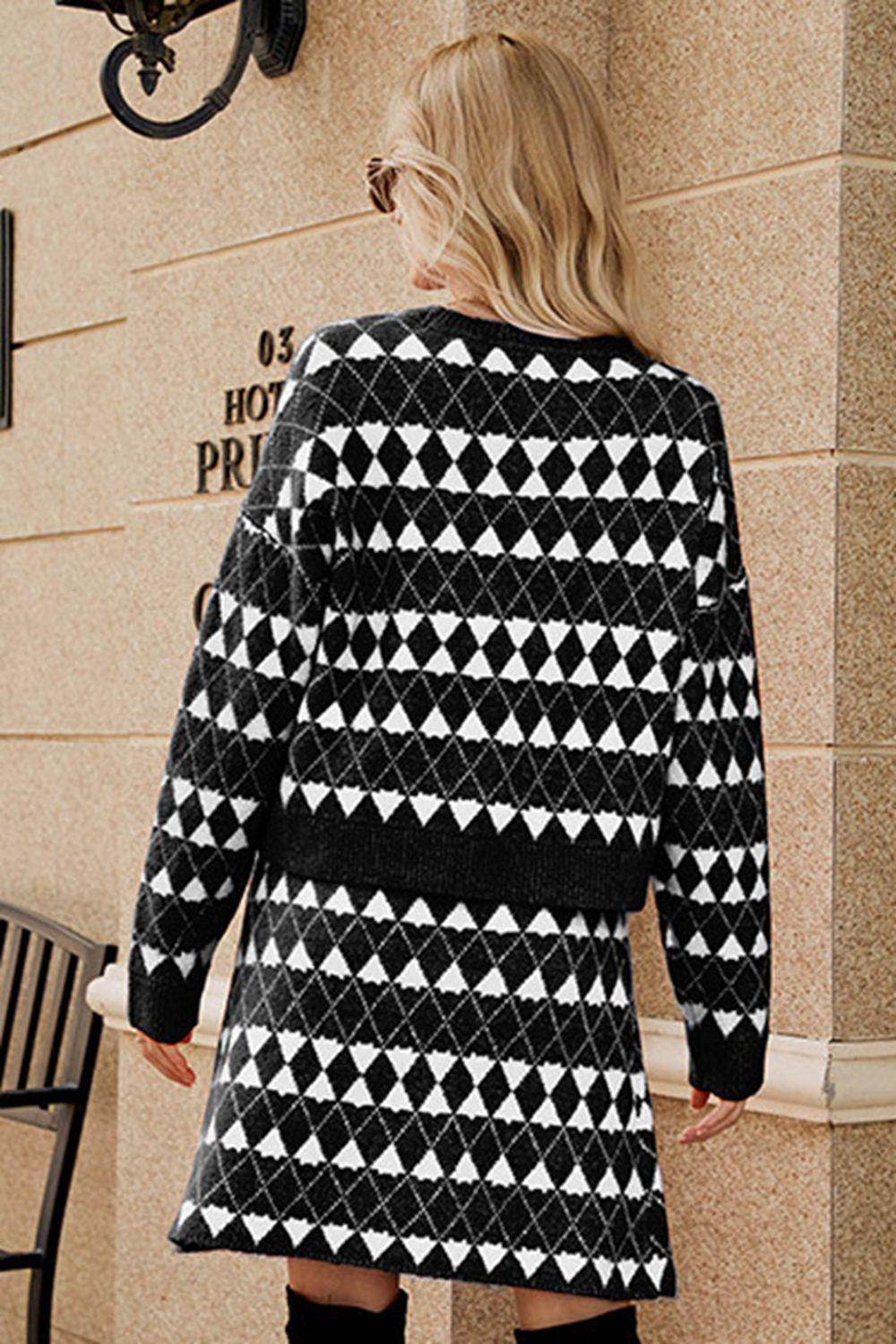 Geometric Dropped Shoulder Cardigan and Knit Skirt Set - Selvanelle