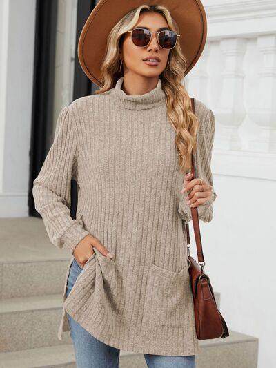 Slit Mock Neck Long Sleeve T-Shirt for Women with Pocket - Selvanelle
