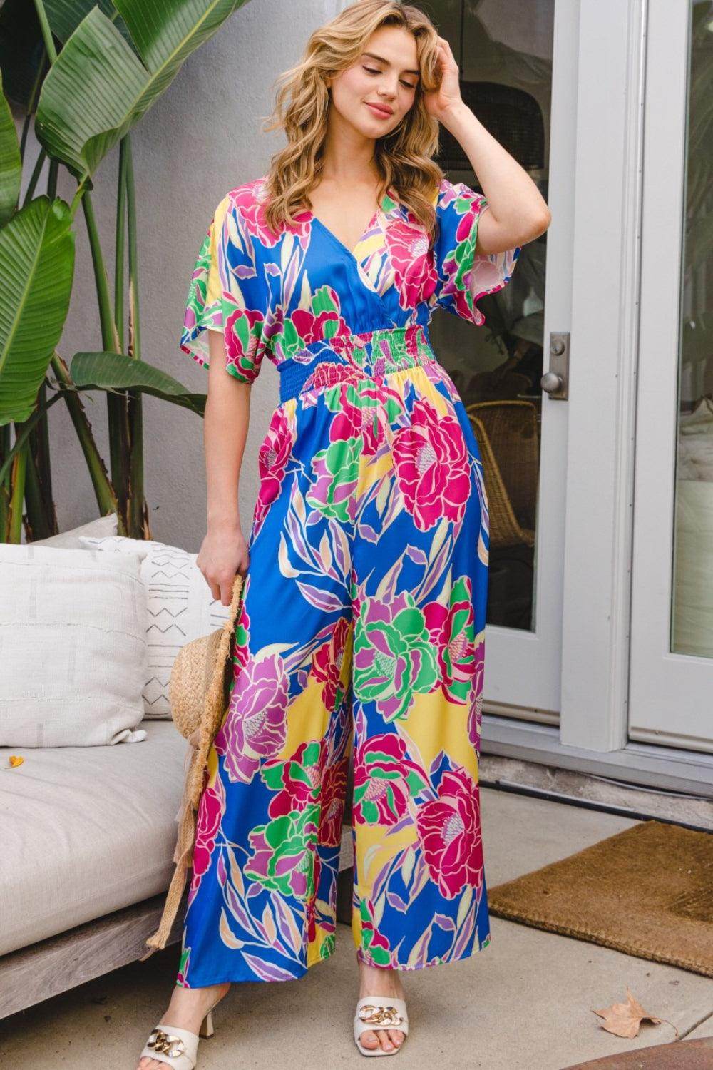 ODDI Full Size Floral Smocked Tied Back Jumpsuit for Women - Selvanelle