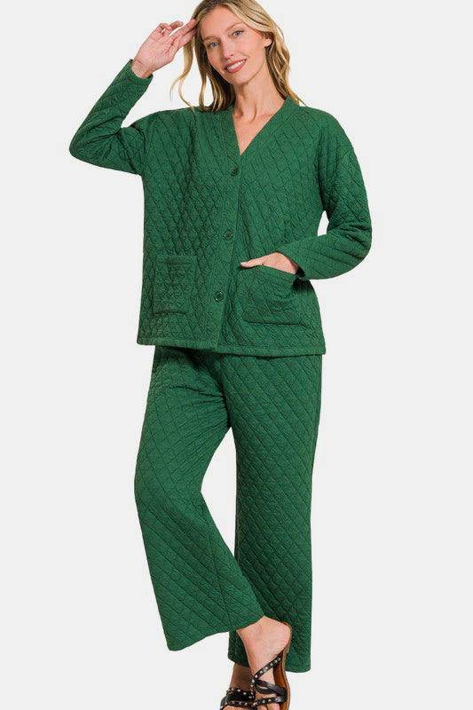 Zenana Quilted Button Up Long Sleeve Top and Pants Set - Selvanelle