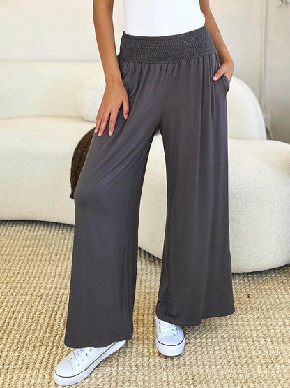 Double Take Full Size Smocked Wide Waistband Wide Leg Pants - Selvanelle