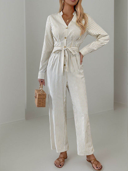Striped Notched Long Sleeve Tie Waist Jumpsuit - Selvanelle