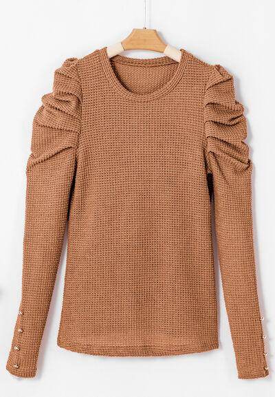 Decorative Button Round Neck Puff Sleeve Blouse for Women - Selvanelle