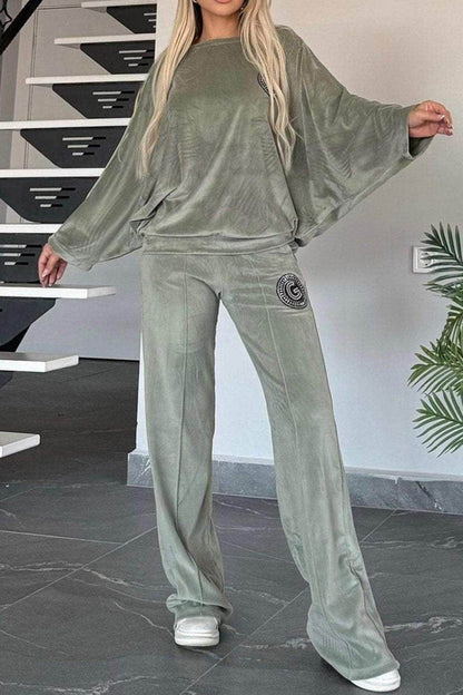 Full Size Boat Neck Long Sleeve Top and Pants Set Outfit - Selvanelle