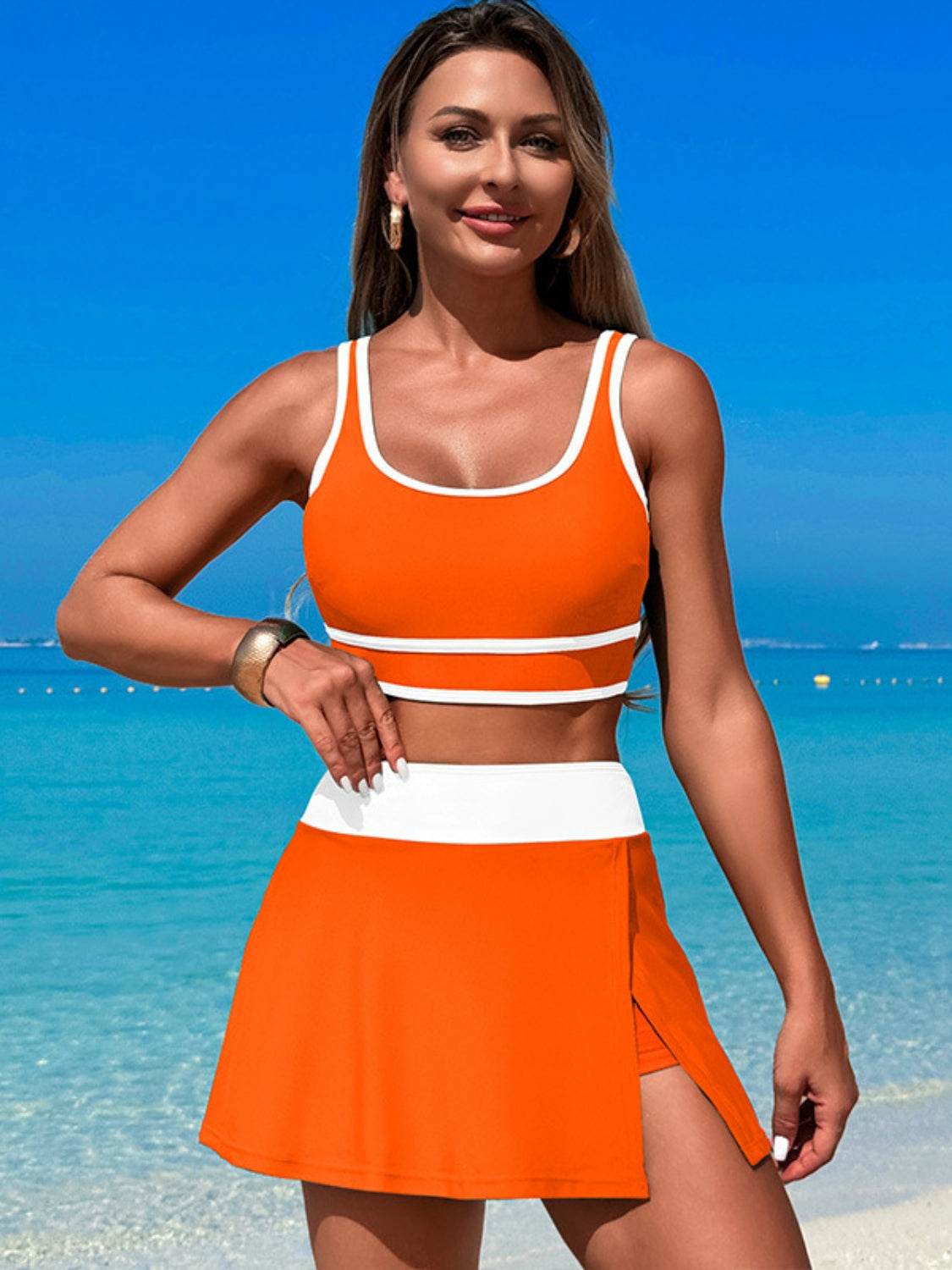 Scoop Neck Top and Skort Swim Set - Selvanelle