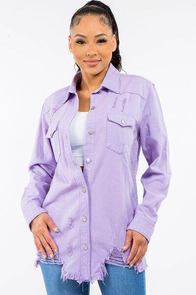 American Bazi Frayed Hem Distressed Denim Jacket for Women - Selvanelle