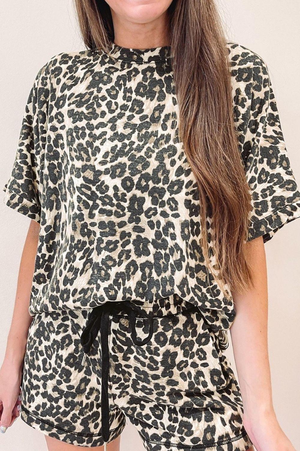 Leopard Round Neck Top and Shorts Set for Women Fashion