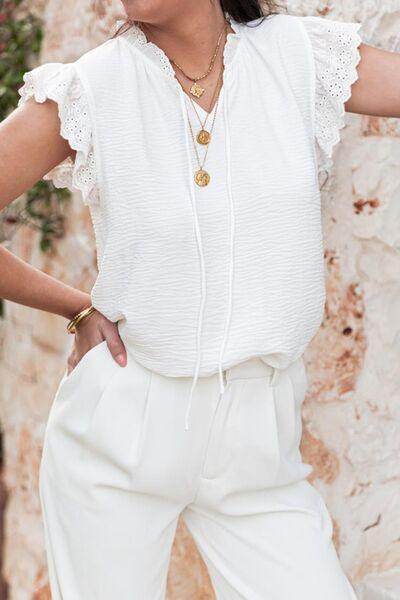 Ruffled Tie Neck Cap Sleeve Blouse for Stylish Women - Selvanelle