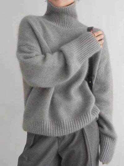 Turtleneck Dropped Shoulder Long Sleeve Sweater for Women - Selvanelle