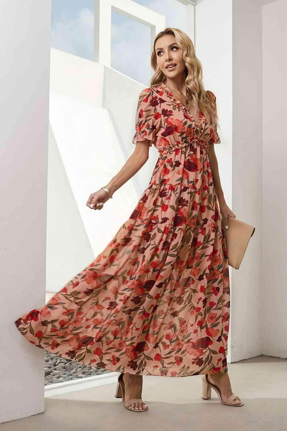 Floral V-Neck Short Flounce Sleeve Dress for Women - Selvanelle