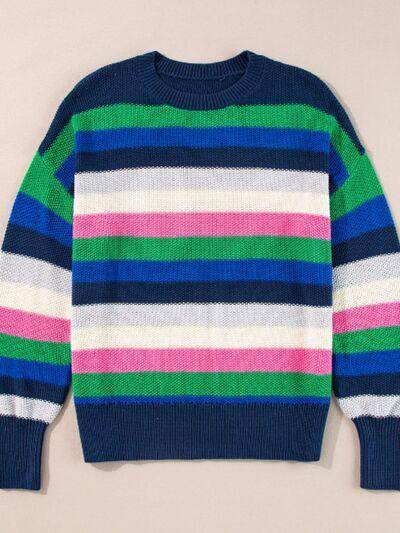 Contrast Striped Round Neck Long Sleeve Sweater for Women - Selvanelle