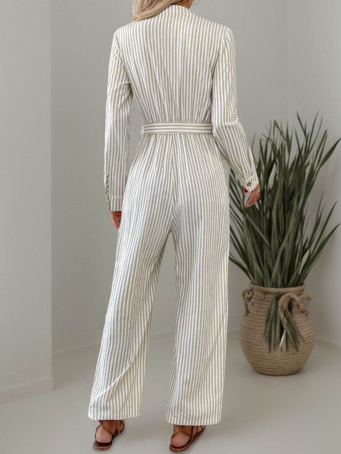 Striped Notched Long Sleeve Tie Waist Jumpsuit - Selvanelle