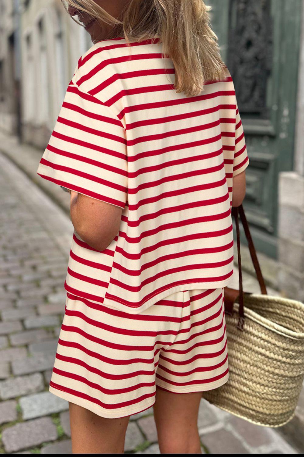 Tied Striped V-Neck Top and Shorts Set for Women